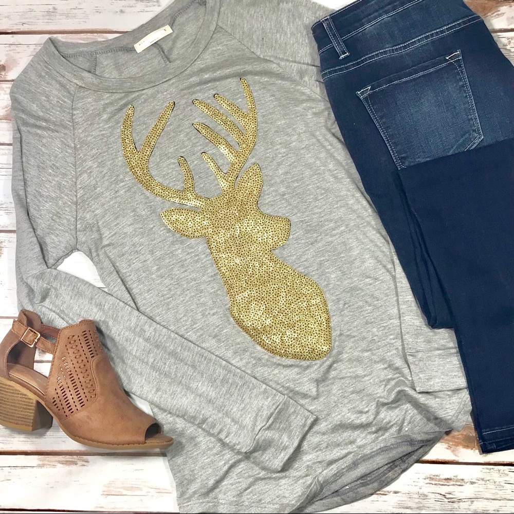 🚨SALE🚨Gray Gold Glitter Deer Head Top - Picture 2 of 2